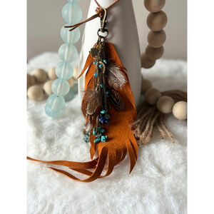 Boho Feather & Bead Keychain Bag Charm Brown Blue